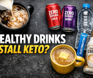 healthy keto drinks setup with coffee cups cream bottles flavored drink cans and electrolyte packets
