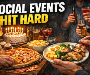 keto social events buffet table with cake snacks and a strategic plate