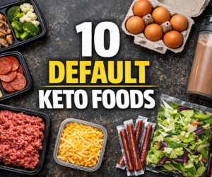 lazy keto default foods with meal prep containers eggs beef sticks and bold text