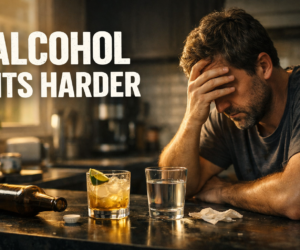 Tired person at a kitchen counter with a low-carb drink, water glass, and bold text Alcohol Hits Harder