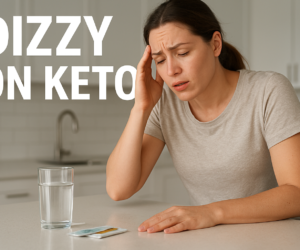 Lightheaded person in a kitchen grabbing the counter with electrolyte packets nearby and bold text Dizzy on Keto