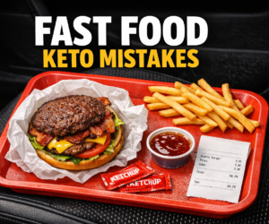 Overhead fast food tray with a bunless burger, fries pushed aside, sauce cups, and bold text Fast Food Keto Mistakes