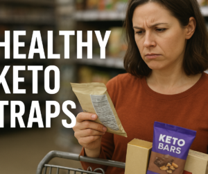 Frustrated shopper reading a keto snack label in a grocery aisle with bold text healthy keto traps