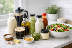 Keto sauces, creamers, dressings, and condiments arranged beside salad and coffee