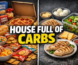 house eats carbs keto kitchen scene with bread cereal pizza and simple keto foods