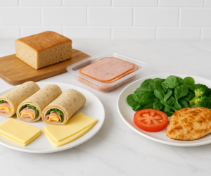 keto bread and low-carb wraps on a counter beside a simple real-food keto meal