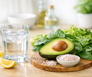 Glass of water, avocado, greens, lemon, and salt representing keto electrolyte balance