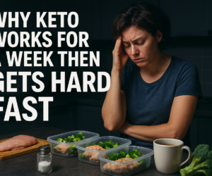 Tired person at a kitchen counter with keto meal prep containers, salt, and simple ingredients with bold text Gets Hard Fast
