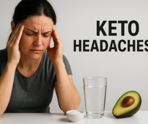 Woman with a keto headache holding her head, with water, salt, and avocado beside bold text reading KETO HEADACHES?