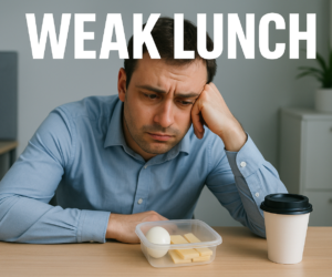 Tired person looking at a tiny keto lunch with coffee and bold text Weak Lunch