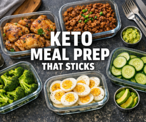Overhead keto meal prep containers with chicken, taco beef, eggs, broccoli, and bold text Keto Meal Prep That Sticks