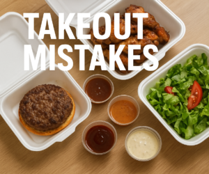 Takeout containers with bunless burger patties, wings, salad, sauce cups, and bold text Takeout Mistakes