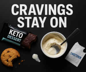 Low-carb dessert snacks spread across a kitchen counter with bold text Cravings Stay On