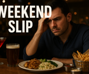 Frustrated person at a weekend restaurant table with keto food temptations and bold text Weekend Slip