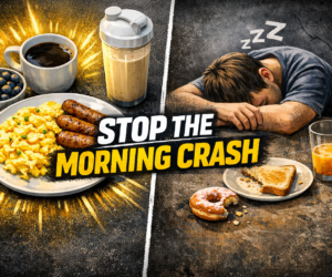 lazy keto breakfasts eggs sausage coffee and protein shake breakfast scene