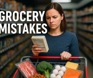 Beginner in a grocery store reading a packaged food label beside a cart with keto staples and bold text Grocery Mistakes