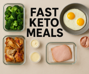 Overhead shot of a quick lazy keto meal prep with rotisserie chicken, broccoli, eggs, and simple containers beside bold text Fast Keto Meals