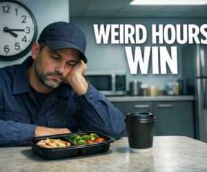 Tired shift worker in a break room looking at a low-carb meal and coffee beside bold text Weird Hours Win
