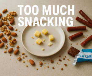 Overhead view of scattered keto snack foods on a kitchen counter with bold text Too Much Snacking