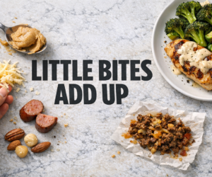 Overhead kitchen counter with small leftover bites, shredded cheese, peanut butter spoon, and a plated keto meal beside bold text LITTLE BITES ADD UP