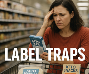 Frustrated shopper in a grocery aisle reading a low-carb package label beside keto snack products with bold text Label Traps