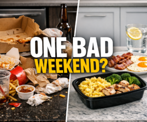 Weekend takeout mess beside a simple keto reset meal on a kitchen counter with bold text One Bad Weekend
