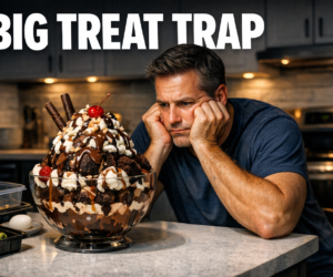 Person at a kitchen counter eyeing a large keto dessert after smaller daytime meals with bold text Big Treat Trap