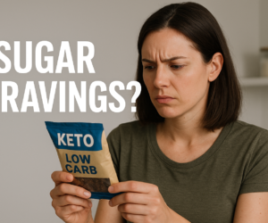 Person in a kitchen reading a keto snack label with a frustrated look beside bold text Sugar Cravings?