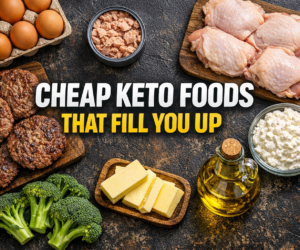 cheap keto foods overhead with eggs chicken thighs canned fish broccoli and olive oil