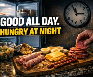 keto impossible at night late kitchen snack scene with protein foods and clock