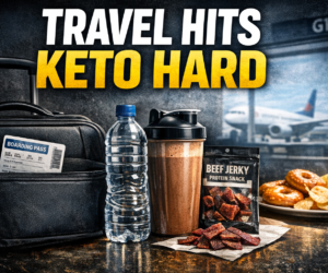 keto travel airport scene with carry-on jerky protein shake and pastry trap