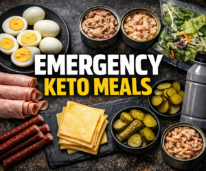 lazy keto emergency meals overhead setup with eggs deli meat tuna salad and protein shake