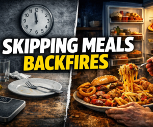 skipping meals on keto night overeating dinner and open fridge scene