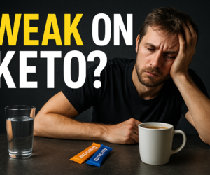 feel weak on keto scene with tired person plain water mug and electrolyte packets