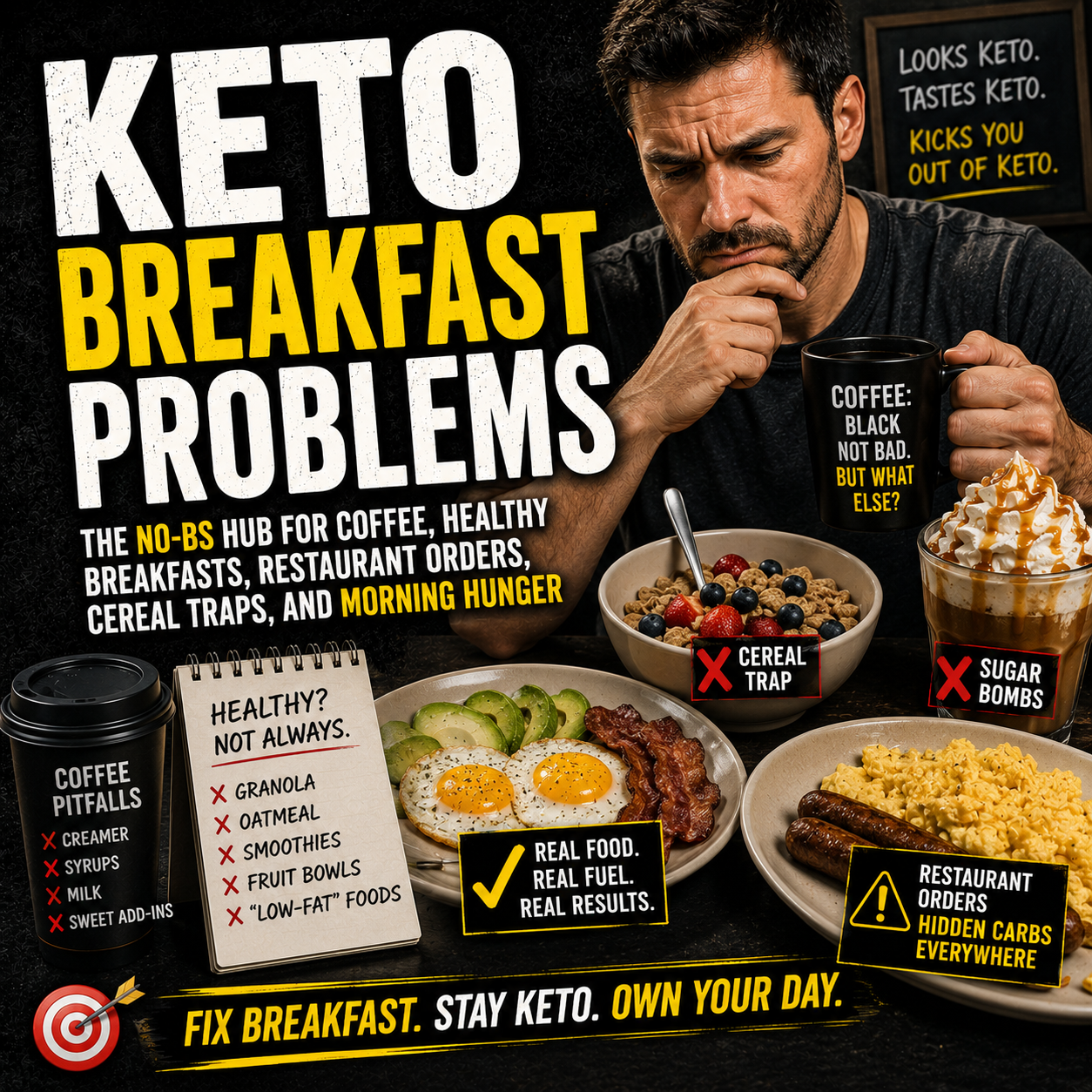 You are currently viewing Keto Breakfast Problems: The No-BS Hub for Coffee, Healthy Breakfasts, Restaurant Orders, Cereal Traps, and Morning Hunger