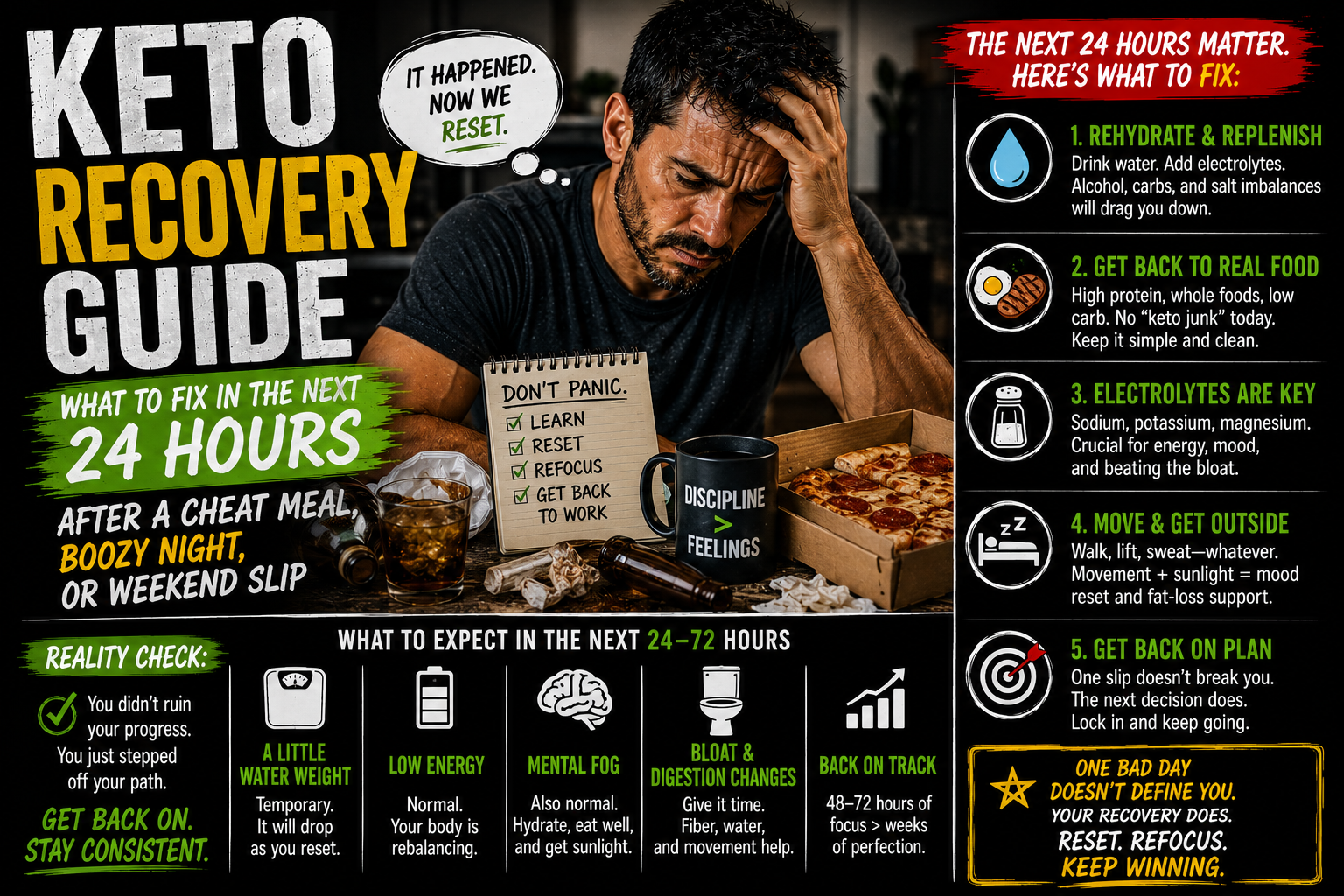 You are currently viewing Keto Recovery Guide: What to Fix in the Next 24 Hours After a Cheat Meal, Boozy Night, or Weekend Slip
