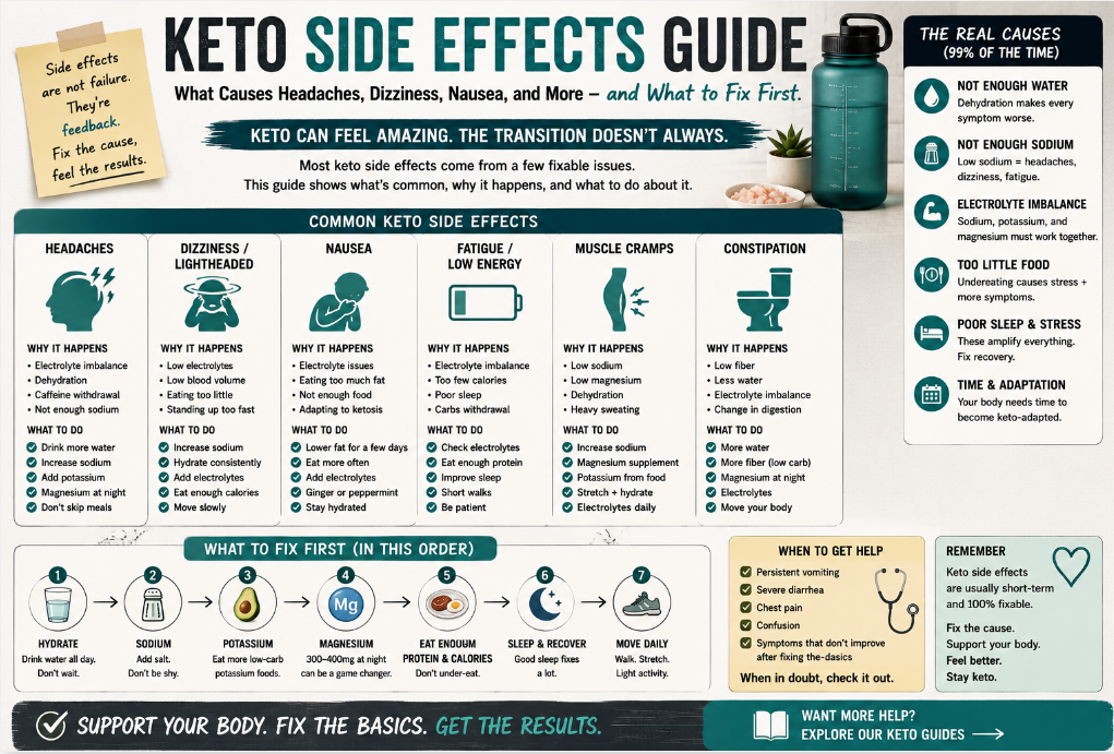 You are currently viewing Keto Side Effects Guide: What Causes Headaches, Dizziness, Nausea, and More – and What to Fix First