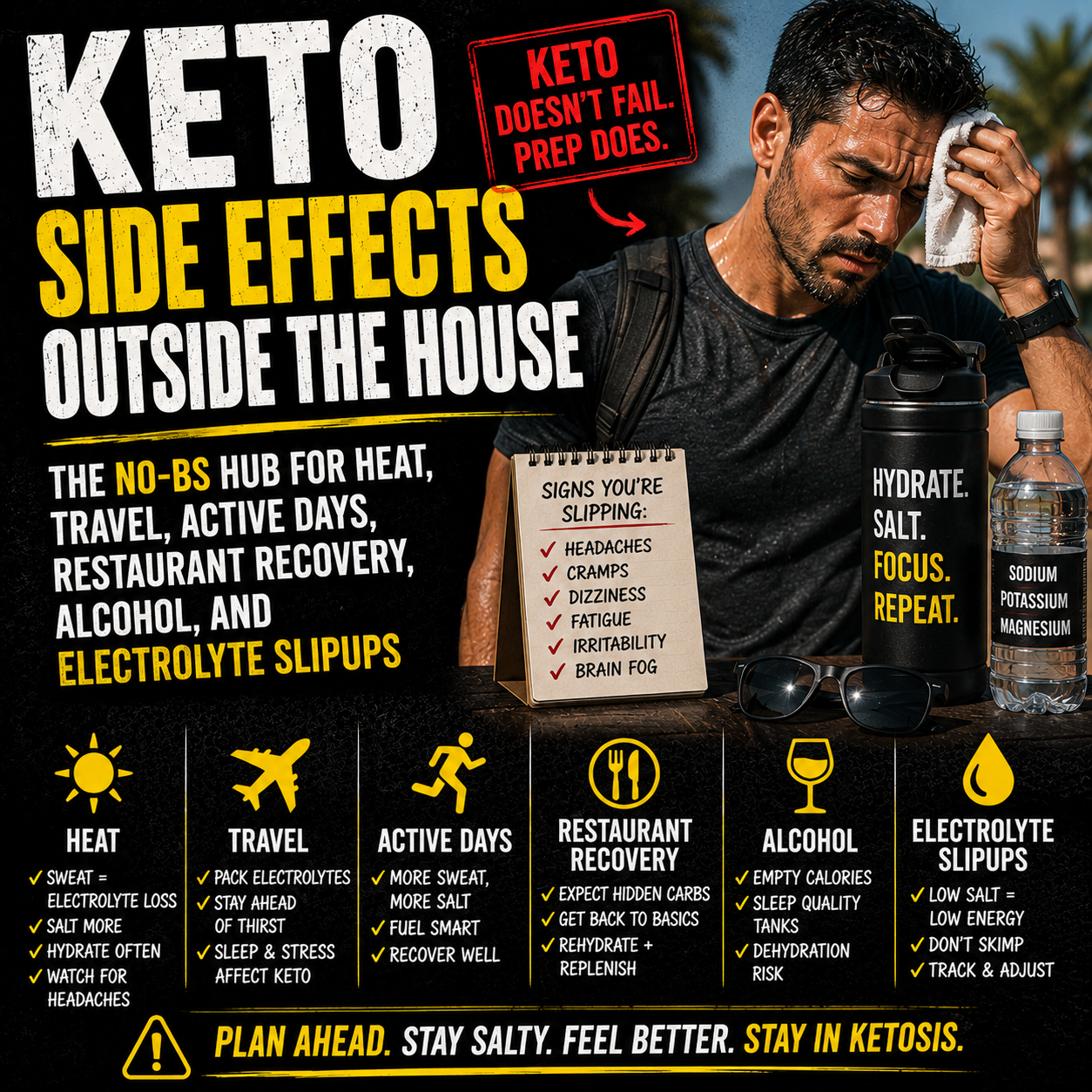 You are currently viewing Keto Side Effects Outside the House: The No-BS Hub for Heat, Travel, Active Days, Restaurant Recovery, Alcohol, and Electrolyte Slipups