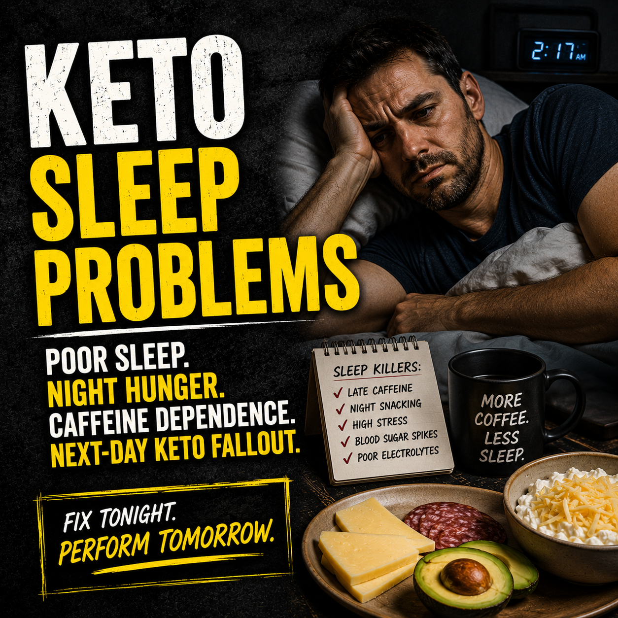 You are currently viewing Keto Sleep Problems: The No-BS Hub for Poor Sleep, Night Hunger, Caffeine Dependence, and the Next-Day Keto Fallout