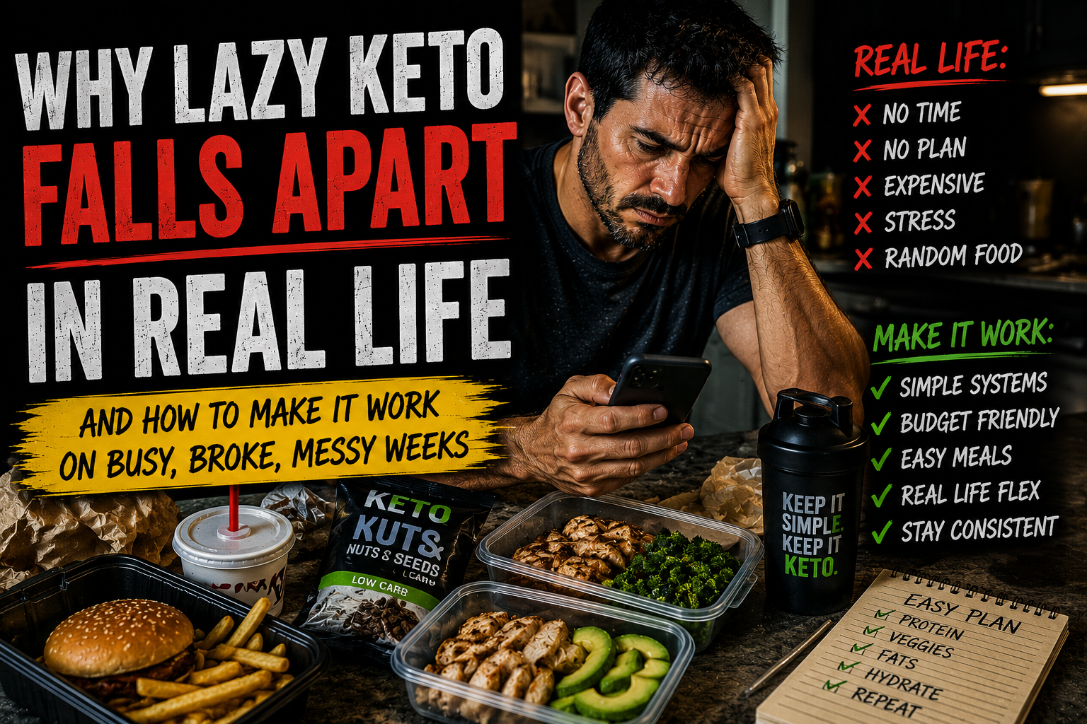 You are currently viewing Why Lazy Keto Falls Apart in Real Life – and How to Make It Work on Busy, Broke, Messy Weeks
