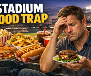 Person at a baseball stadium holding concession food with bold overlay text about lazy keto at baseball games