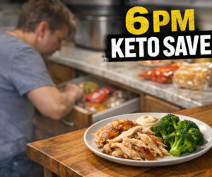 Rotisserie chicken keto dinner plate in a home kitchen for a fast low-carb 6 PM meal