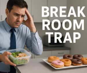 Stressed office worker holding a keto lunch while staring at donuts and pastries in the break room