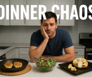 Person in a kitchen facing too many different keto dinner choices with text saying DINNER CHAOS