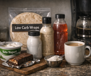 Healthy keto sabotage power post image showing packaged low-carb foods, drinks, condiments, and wraps laid out on a kitchen counter in a realistic but cautionary way