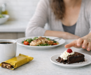 Keto cravings hub image showing a simple keto meal with sweet and snack triggers nearby