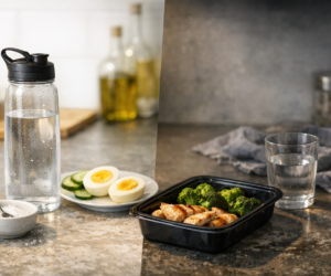 Keto electrolyte problem power post image showing a simple kitchen setup with water, salt, a meal container, and low-carb food to suggest swings between feeling fine and suddenly drained