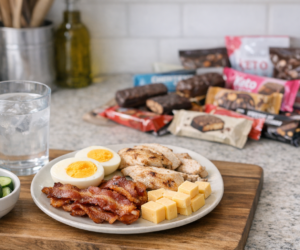 Featured image for a keto sweet cravings hub showing practical low-carb foods on a kitchen counter with packaged sweet keto snacks pushed to the side