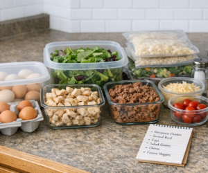 Lazy keto meal systems image showing a practical home kitchen with simple low-carb staples, containers, and meal-ready foods