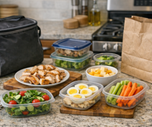 Lazy keto power post image showing simple low-carb meal parts and a practical busy-person kitchen setup